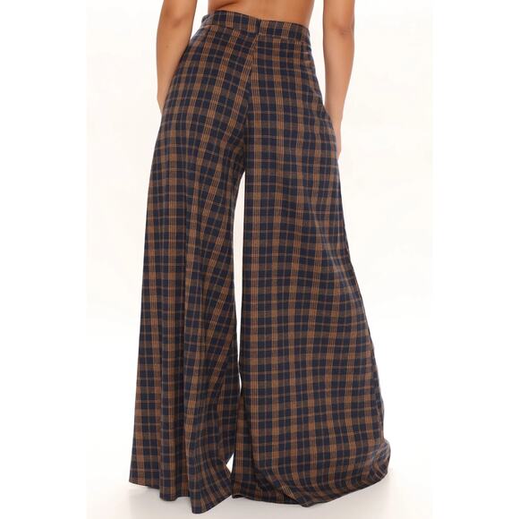 Super Wide Leg Pants Plaid High Waist SHEIN Navy & Tan Womens Size 4 - Picture 5 of 8